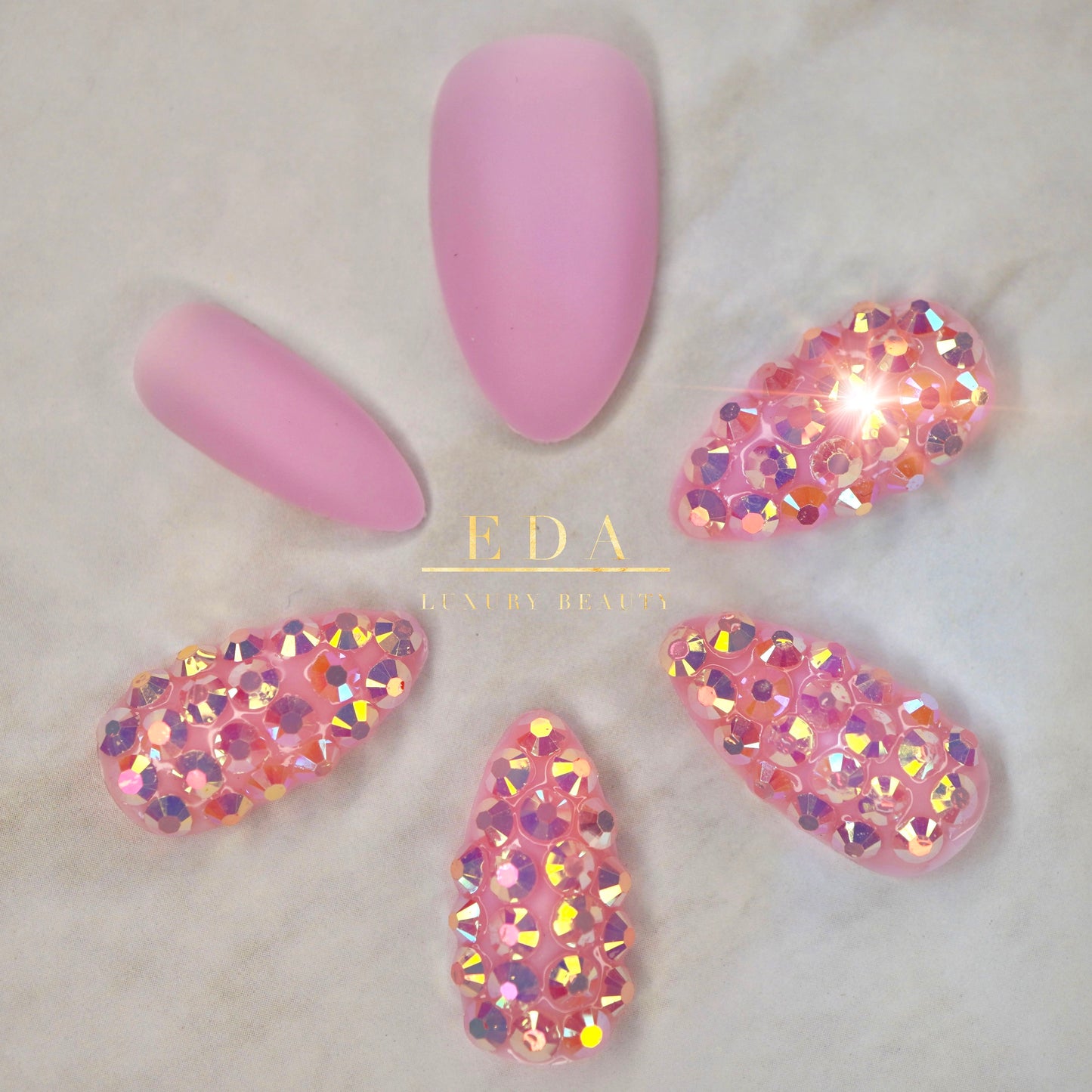 Bubblegum Sugar | Diamond Pink | 3D Crystal Design | Nail Art | Matte | Stiletto | Long | Reusable Press On Nails Set