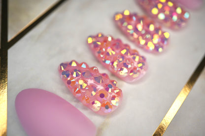 Bubblegum Sugar | Diamond Pink | 3D Crystal Design | Nail Art | Matte | Stiletto | Long | Reusable Press On Nails Set