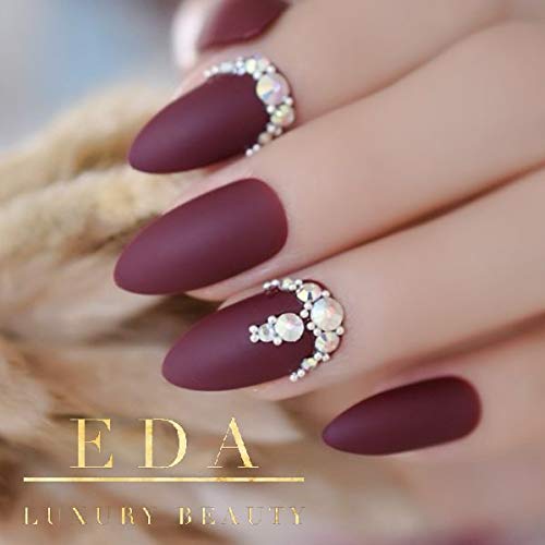 Prestige Passion | Diamond Red Burgundy | 3D Crystal Design | Nail Art | Matte | Stiletto | Long | Reusable Press On Nails Set