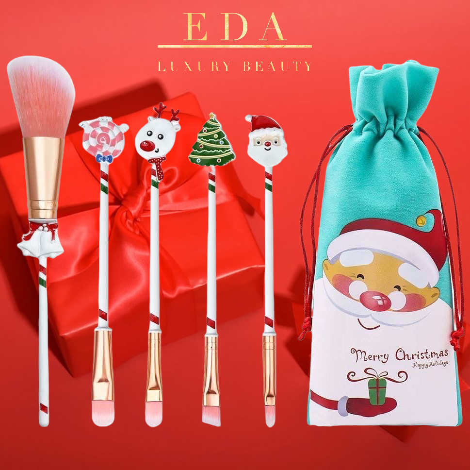 Christmas Makeup Brush Set | Eye | Face | Lip | Contour | Multi-Color | 5-Pieces | Special Holiday Bundle