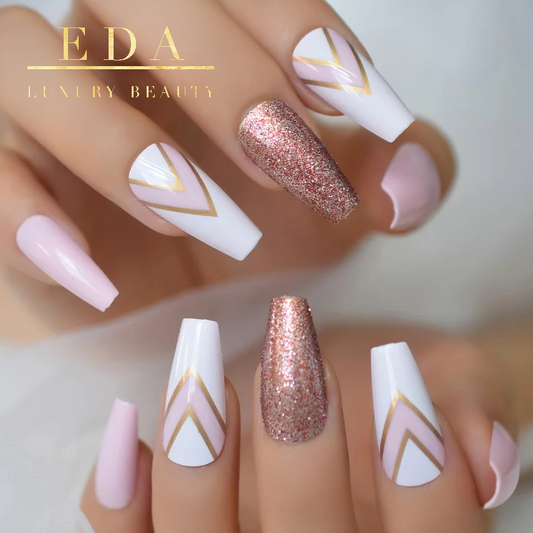 Pink Arrow | Baby Pink, Glitter, White | Glossy | Ballerina | Extra Long | Reusable Press On Nails Set