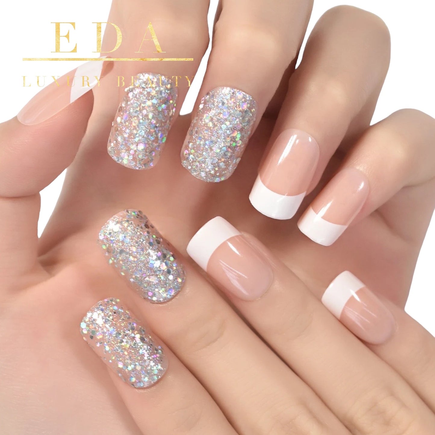 Cosmic Sparkle | Glitter, Nude Pink, White French | Glossy | Square | Long | Reusable Press On Nails Set