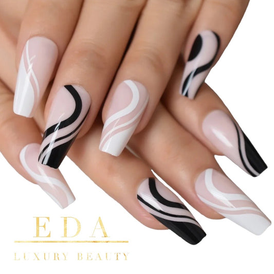 Modern Marble | Pink, Black & White Swirl French | Glossy | Ballerina | Extra Long | Reusable Press On Nails Set