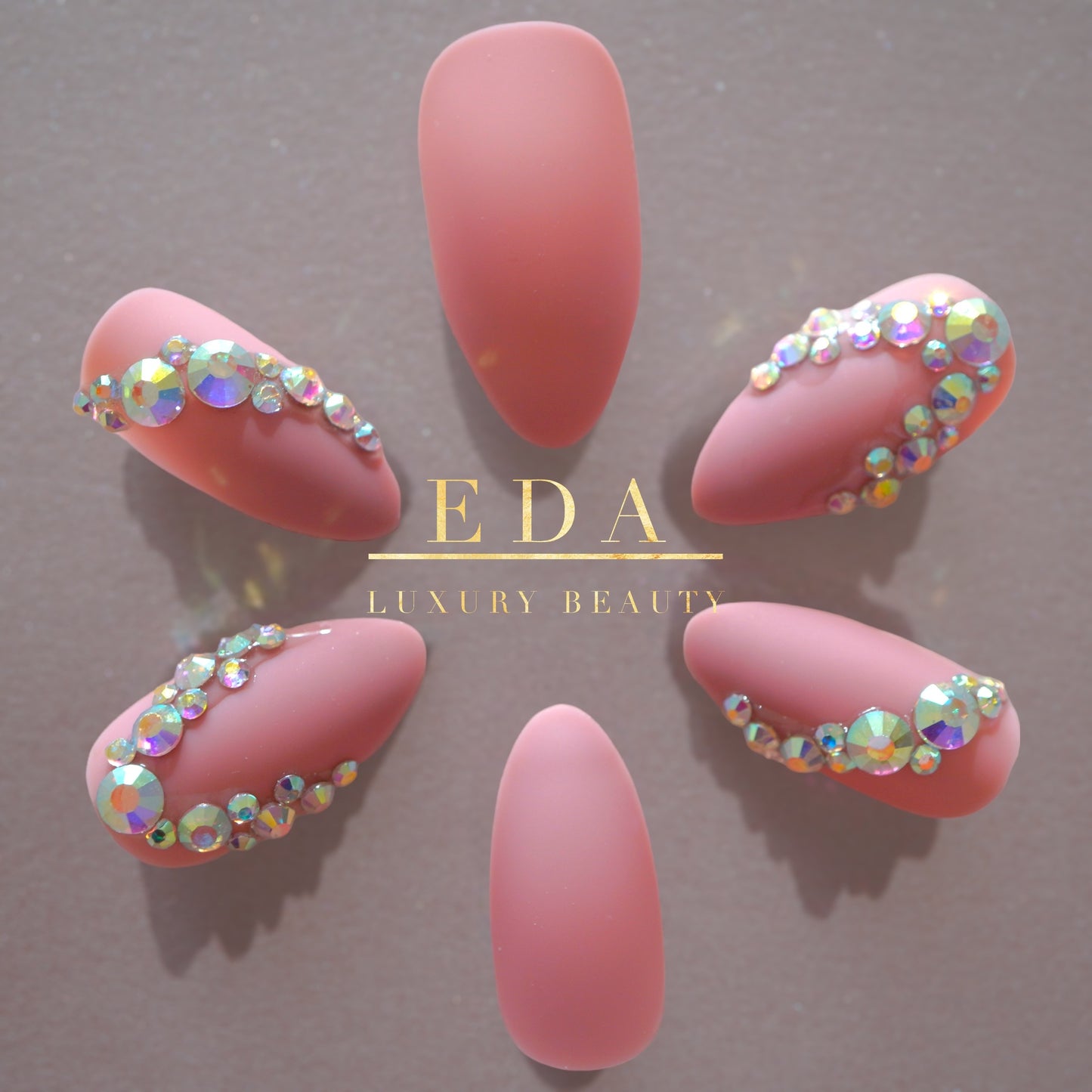 Shiny Blossom | Diamond Nude Pink | 3D Crystal Design | Nail Art | Matte | Stiletto | Long | Reusable Press On Nails Set