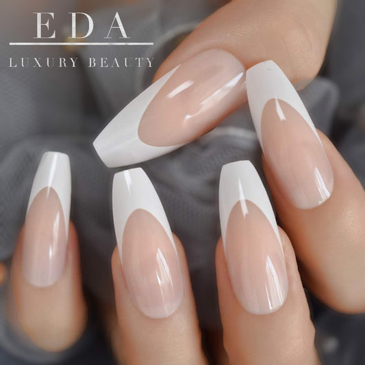 Royal French | Natural | Nude Pink, White French | Glossy | Ballerina | Extra Long | Reusable Press On Nails Set