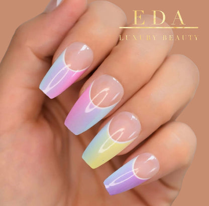 Rainbow Rendezvous | Nude Pink, Colorful French | Glossy | Coffin | Long | Reusable Press On Nails Set