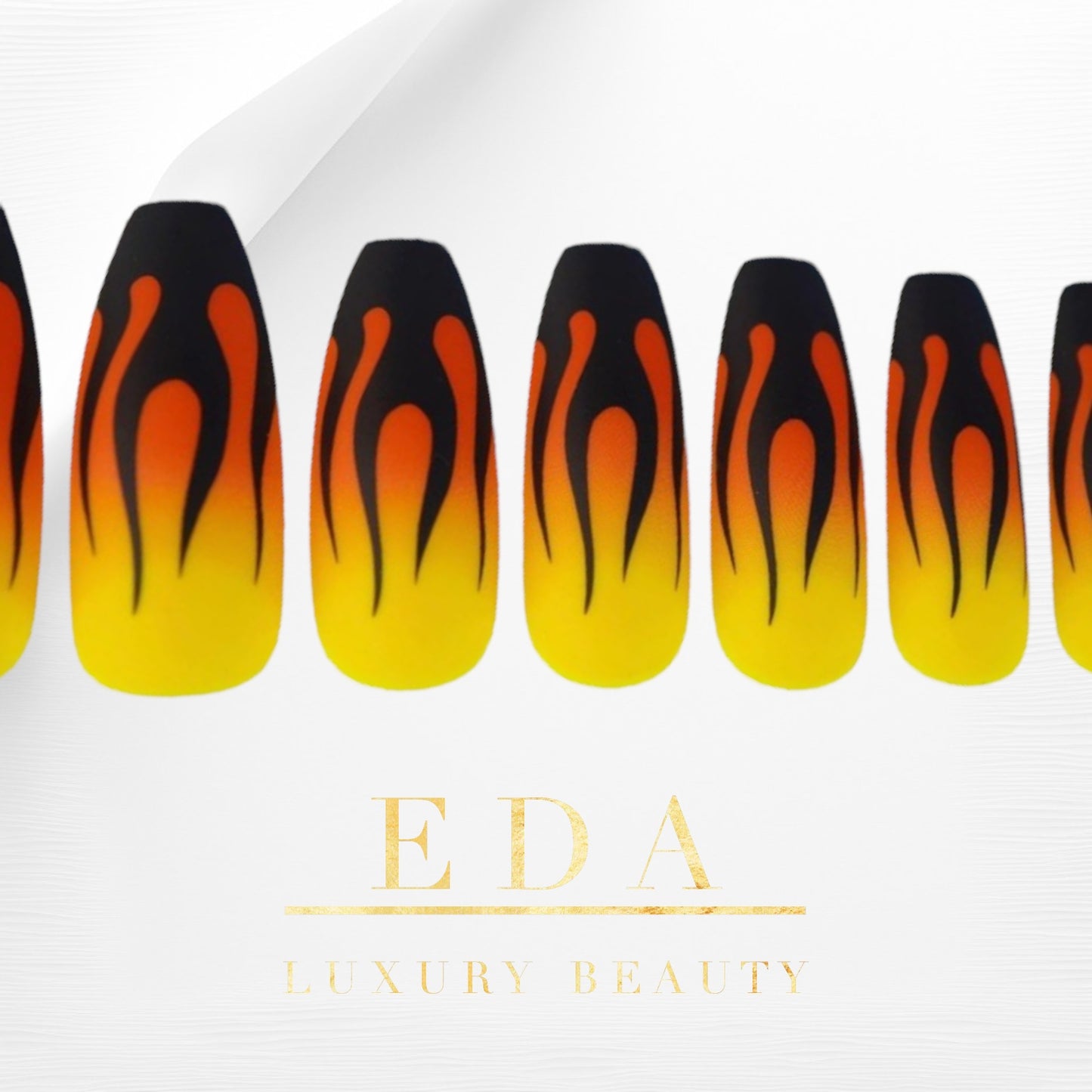 Dancing Heat | Yellow Red Ombre, Black Fire French | Matte | Ballerina | Extra Long | Reusable Press On Nails Set