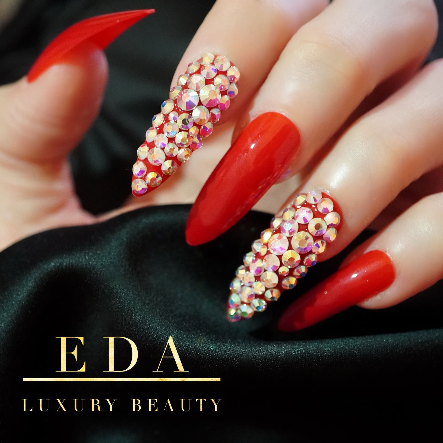 Red Charisma | Diamond Red | 3D Crystal Design | Nail Art | Glossy | Sharp, Stiletto | Extra Long | Reusable Press On Nails Set