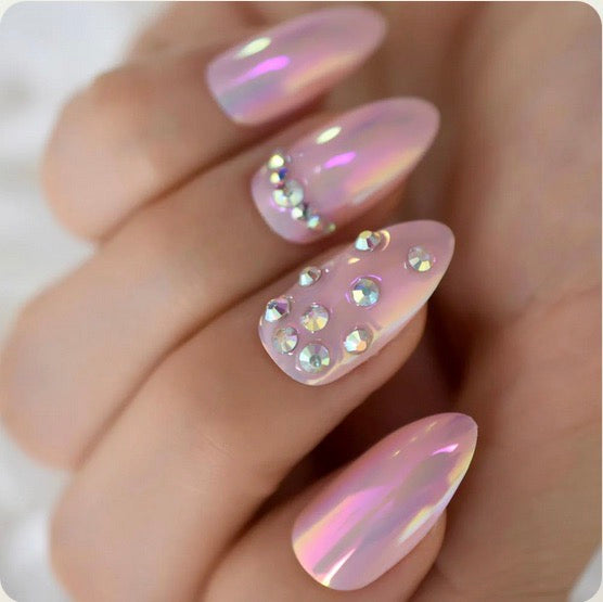 Cotton Candy | Diamond Pink | 3D Crystal Design | Nail Art | Glossy, Metallic | Stiletto | Long | Reusable Press On Nails Set