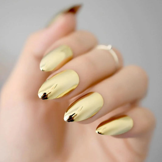 Golden Glow | Gold | Mirror Design | Metallic, Glossy | Stiletto | Long | Reusable Press On Nails Set