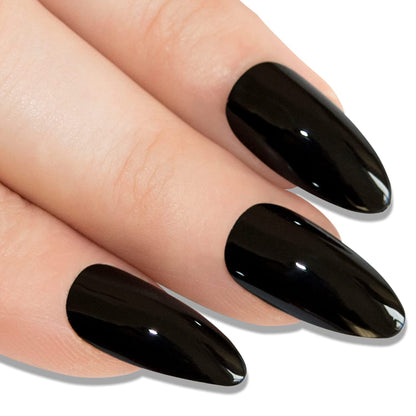 Midnight Queen | Black | Glossy | Halloween Design | Almond, Stiletto | Long | Reusable Press On Nails Set