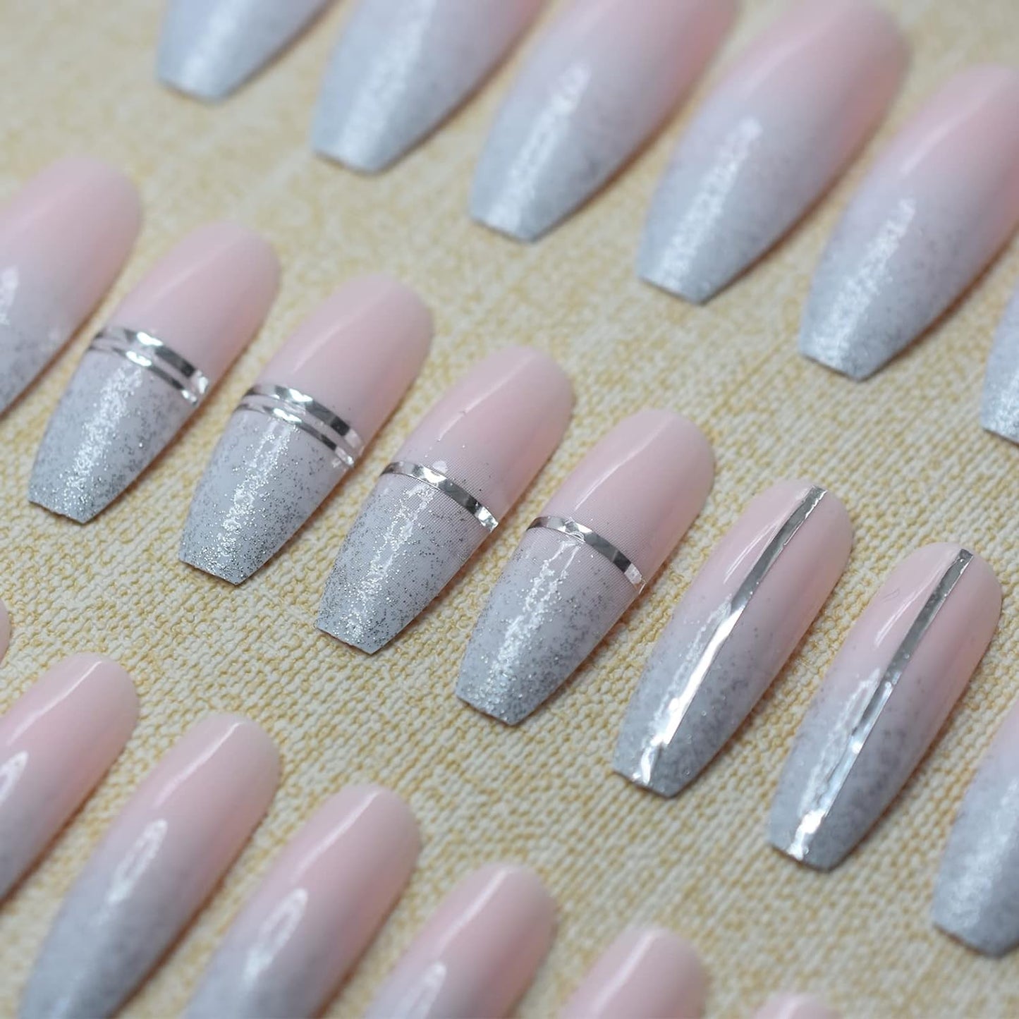 Candy Stripe | Baby Pink, Ombre Blue Glitter French | Glossy | Ballerina | Extra Long | Reusable Press On Nails Set