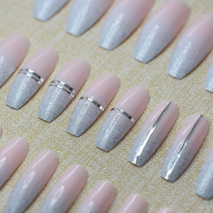 Candy Stripe | Baby Pink, Ombre Blue Glitter French | Glossy | Ballerina | Extra Long | Reusable Press On Nails Set