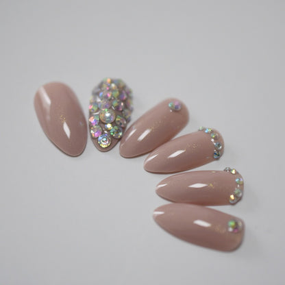 Sandy Sparkle | Diamond Nude | 3D Crystal Design | Nail Art | Glossy | Stiletto | Long | Reusable Press On Nails Set