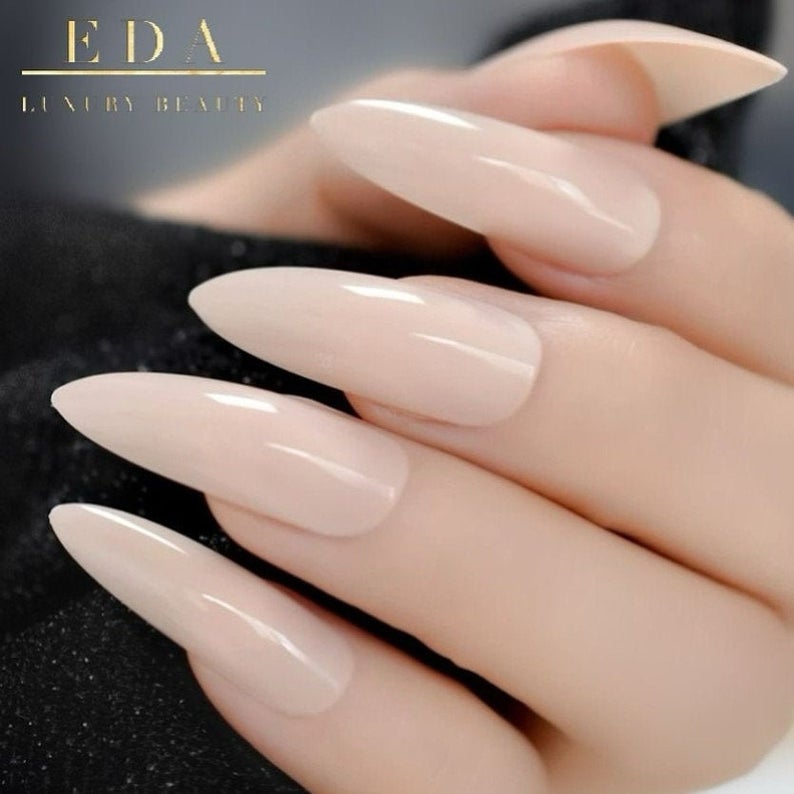 Beige Fierce | Nude Beige | Natural | Glossy | Sharp, Stiletto | Extra Long | Reusable Press On Nails Set