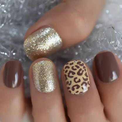 Darling Cheetah | Gold Glitter, Brown | Animal Print | Glossy | Square | Short, Medium | Reusable Press On Nails Set