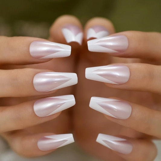 Pearl Chic | Natural | Pearl Satin Pink, White V French | Glossy | Ballerina | Extra Long | Reusable Press On Nails Set