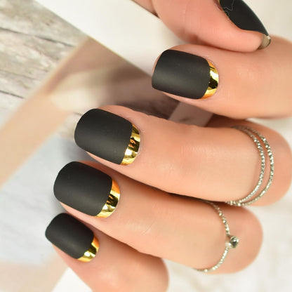 Velvet Magic | Black, Gold Chrome French | Matte | Square | Short | Reusable Press On Nails Set