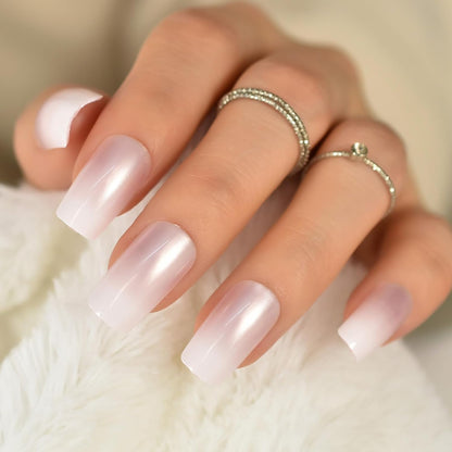 Elegance Diva | Pearl Pink, Ombre White French | Glossy | Square | Long | Reusable Press On Nails Set