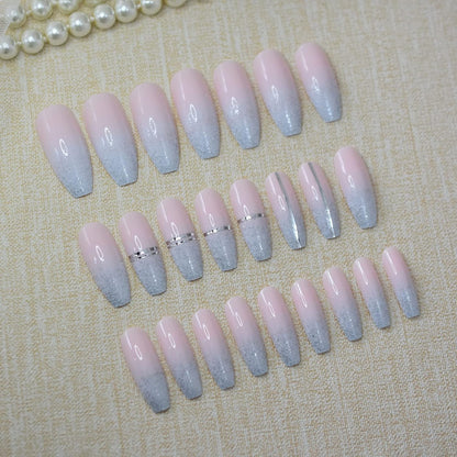 Candy Stripe | Baby Pink, Ombre Blue Glitter French | Glossy | Ballerina | Extra Long | Reusable Press On Nails Set