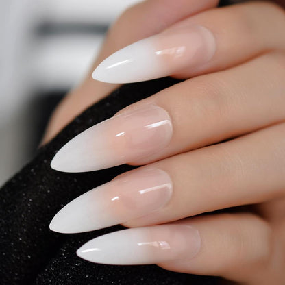 Bare Elegance | Natural | Nude Pink, Ombre White French | Glossy | Sharp, Stiletto | Extra Long | Reusable Press On Nails Set