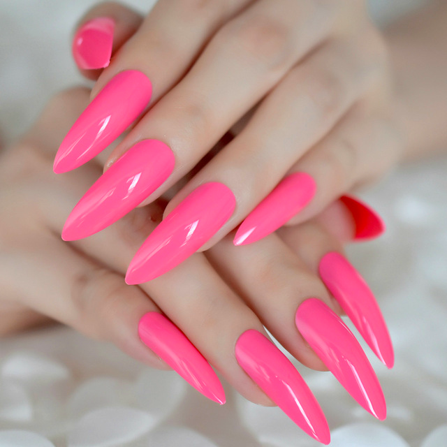 Hot Flamingo | Neon Pink | Glossy | Sharp, Stiletto | Extra Long | Reusable Press On Nails Set