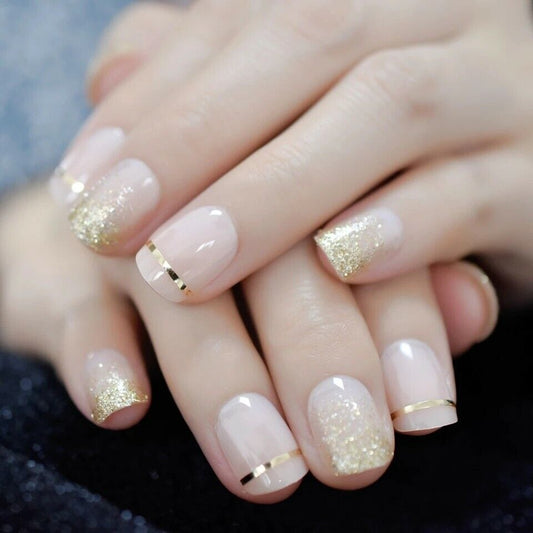 Golden Lines | Nude Pink, Glitter Ombre Gold French | Shimmer, Stripes Design | Glossy | Square | Short, Medium | Reusable Press On Nails Set