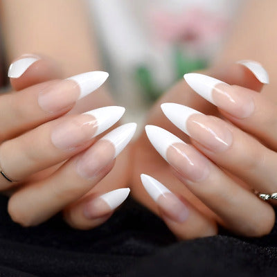 Chic Blanc | Natural | Nude Pink, White French | Glossy | Sharp, Stiletto | Extra Long | Reusable Press On Nails Set