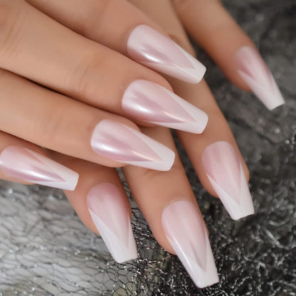 Pearl Chic | Natural | Pearl Satin Pink, White V French | Glossy | Ballerina | Extra Long | Reusable Press On Nails Set